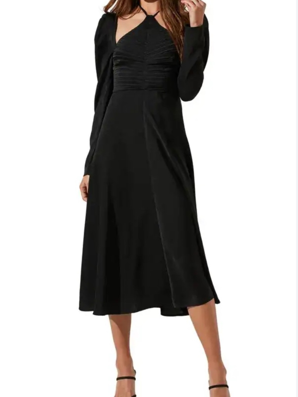 Astr Black Ruched Bust Halter Midi Dress with Long Sleeves